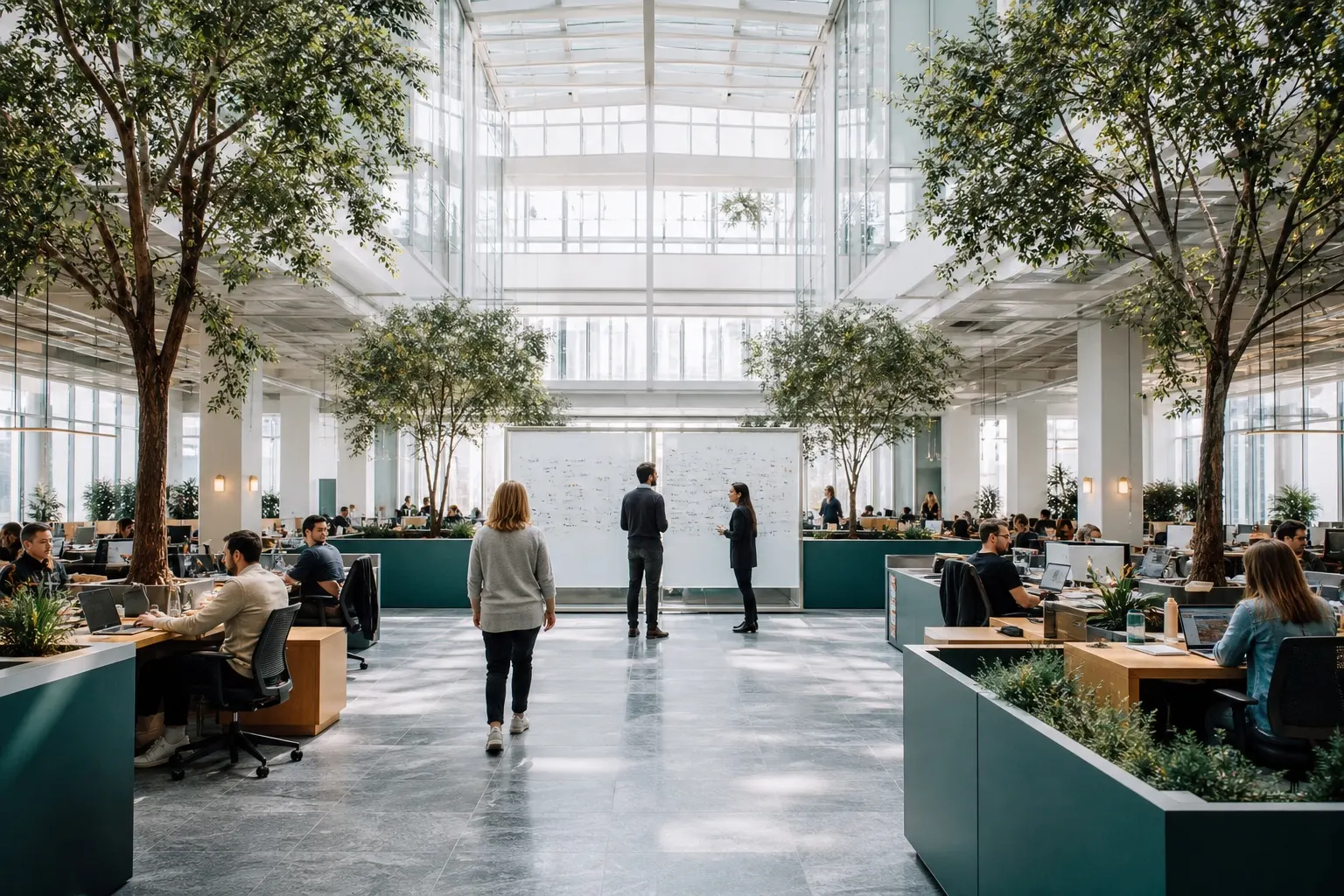 A bright office atrium where people keep working at their own desks while a shared wall of commitments sits in the commons.