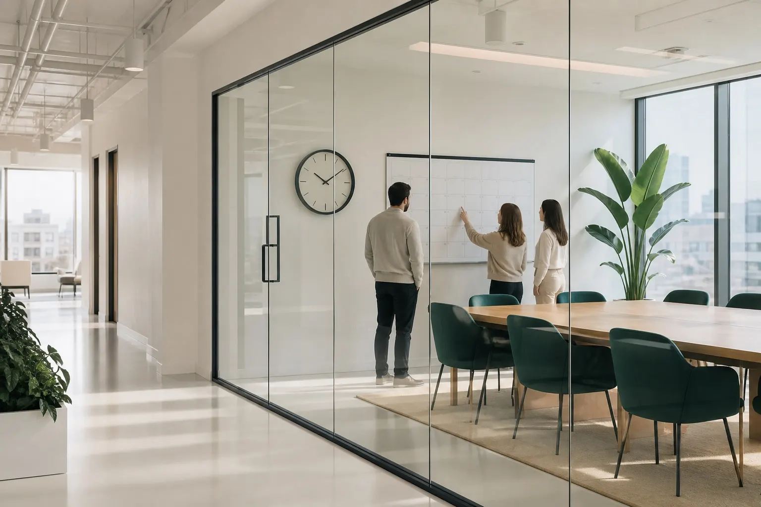 A glass conference room visible from the hallway, with one shared clock and one quarterly calendar on the wall.