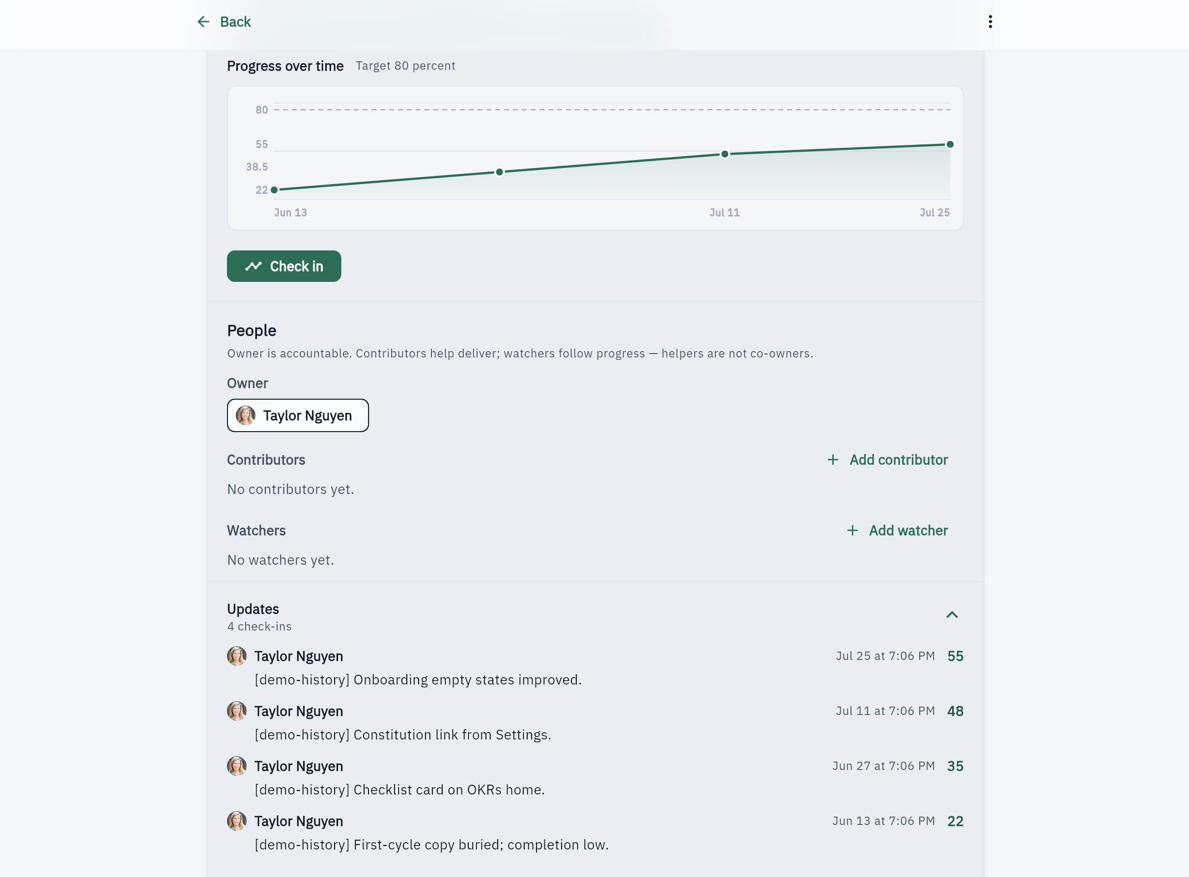 Company-visible check-in timeline on an objective