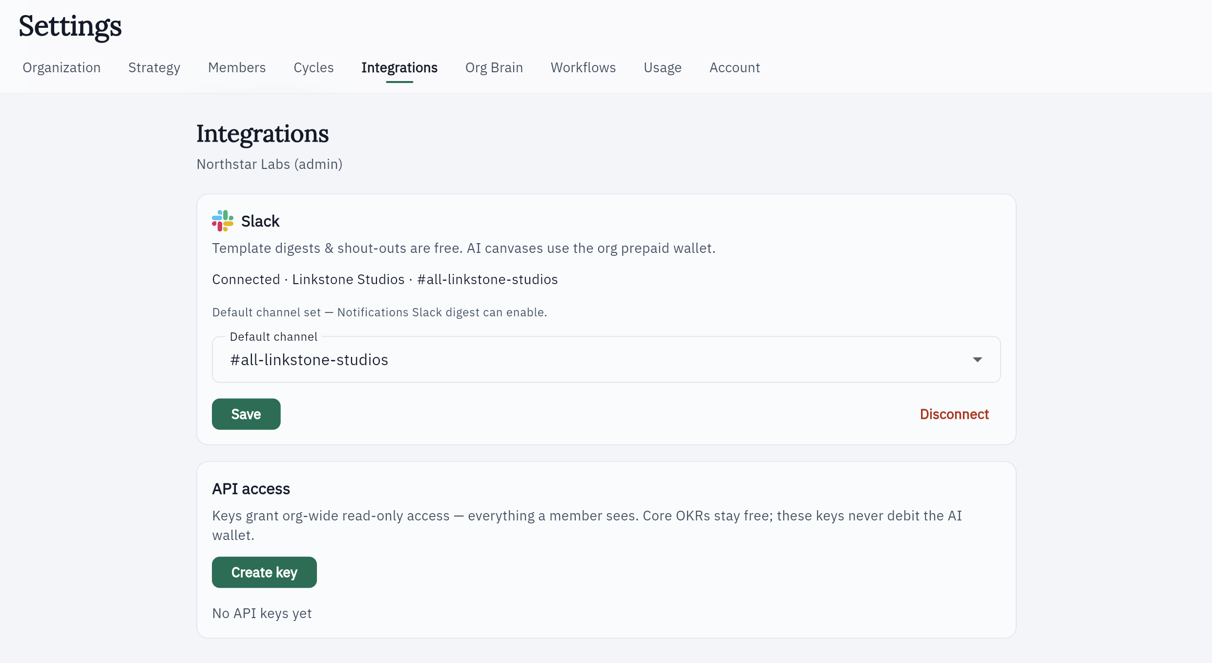 Settings Integrations showing Slack connected with a default channel
