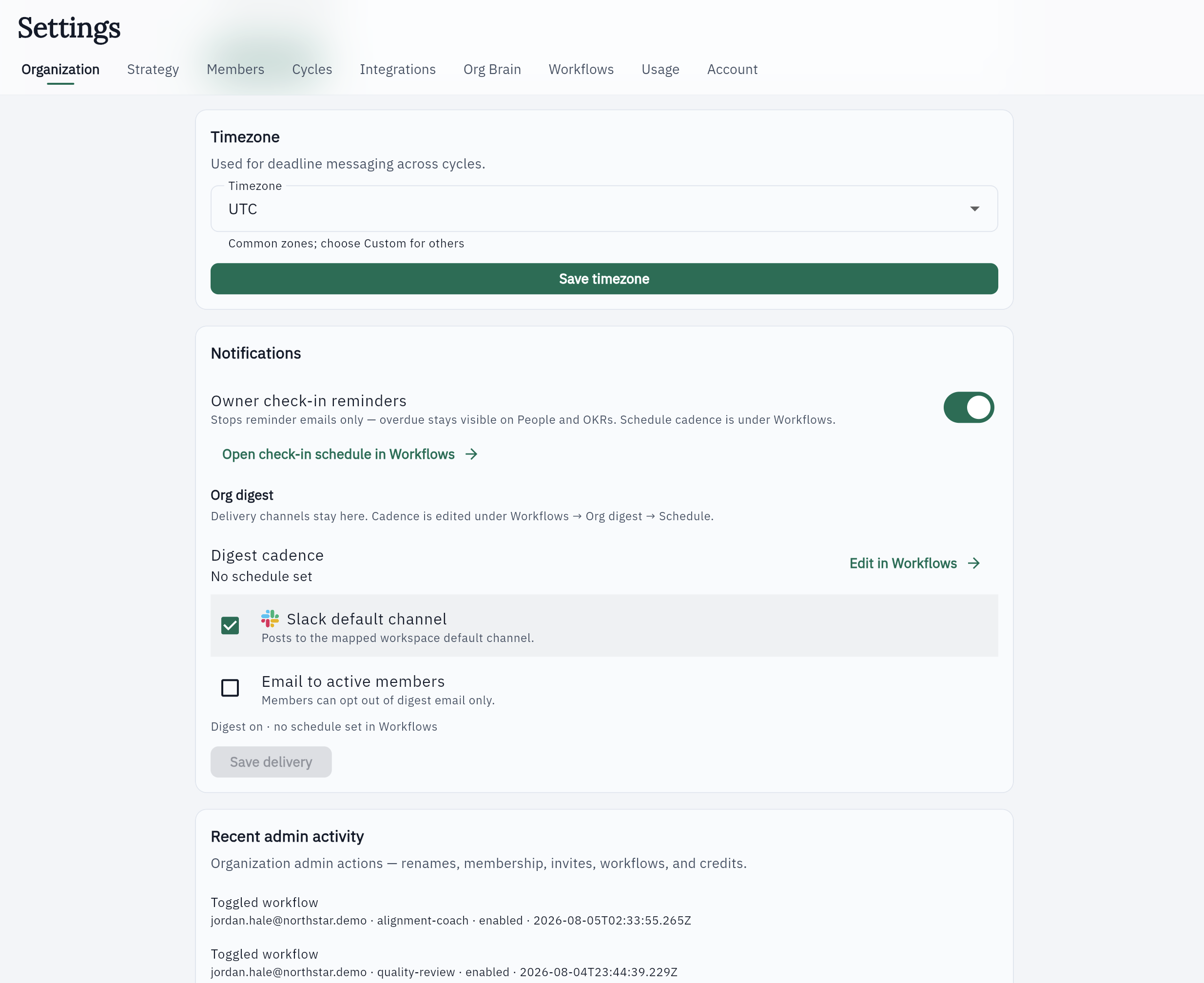 Organization notifications with org digest frequency and Slack default channel enabled